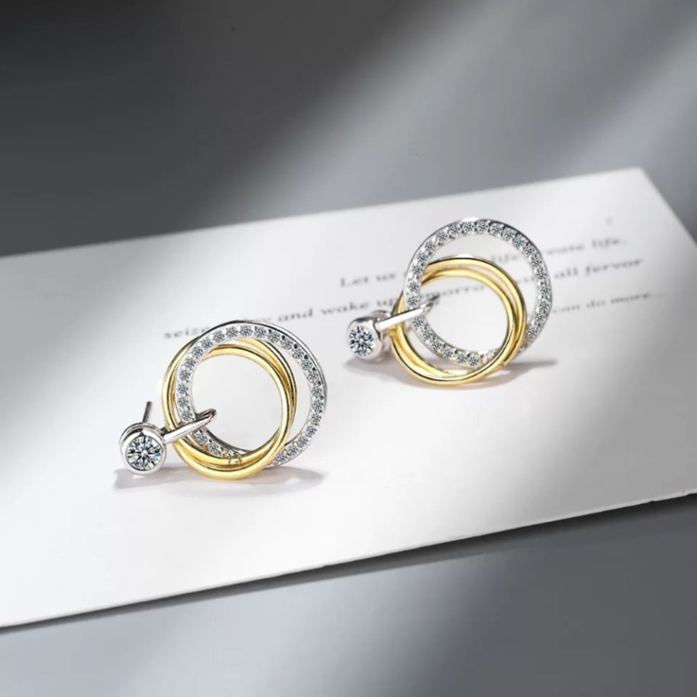🌟 Sterling Silver Diamond Circle Earrings Two Tone - Picture 3 of 4